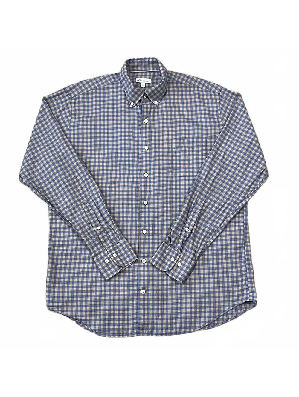 Peter Millar Mens Blue Brown Plaid Long Sleeve Button Up Shirt Size Large